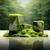 Grass or moss in a 3D landscape style concept beautifully displayed on square rocks, AI Generative photo
