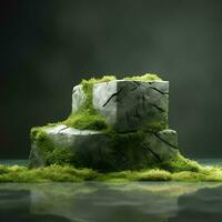 Grass or moss in a 3D landscape style concept beautifully displayed on square rocks, AI Generative photo