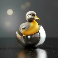 a duck is sitting inside of a silver egg, AI Generative photo