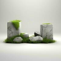 Grass or moss in a 3D landscape style concept beautifully displayed on square rocks, AI Generative photo