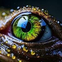 un cerca arriba de un de rana ojo con agua gotas, ai generativo foto