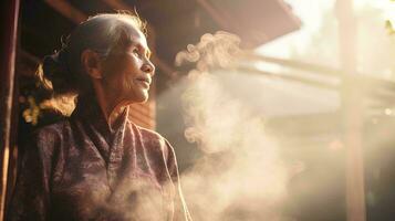 retrato de un abuela vistiendo un kebaya con un fumar efecto en el mañana, ai generativo foto