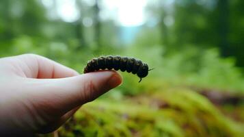 oruga animal caminando en humano mano con bosque fondo, ai generativo foto