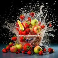 un cesta de Fresco Fruta con un agua chapoteo efecto, ai generativo foto