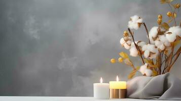 design for stylish table banner with cotton flowers and aroma candles near the wall, AI Generative photo