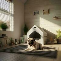 a pug dog is sitting in a room with a dog house, AI Generative photo