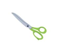 Flat style scissors with green handles. Sewing or tailoring tool. Vector illustration of scissor equipment on a white background. Isolated vector icon of scissors.