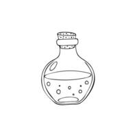 A magical tincture in a glass bottle. Closed apothecary bottle sketch. Glass bottle or vial with a label for games. Vector illustration isolated in white background.