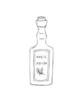 Hand-drawn Magic Potion bottle.  Magic elixir bottle. Illustration of the magic bottle with cork. Vector illustration isolated on a white background. Hand drawn Illustration for witches.