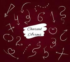 Charcoal arrows on a red background. Direction pointers. A group of chalked arrows, number arrows. Set of chalked arrows. Isolated vector illustration.