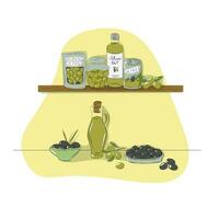 Big Set of olive products on the shelf, olive oil in the bottle, canned olives, olives for buffet, olives on the plate with toothsticks, and green olives canned in the glass jar. vector