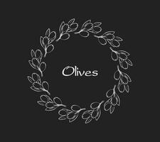 Olives circular frame label on black background, for olive products. Botanical frame element with an olive branch. Simple vector illustration for packaging, corporate identity, labels