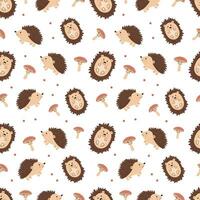 Seamless pattern with cute hedgehogs and forest mushrooms. Children's pattern for clothes. Cute animal print. Vector illustration