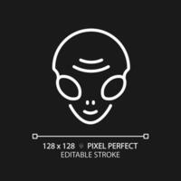Alien face pixel perfect white linear icon for dark theme. Extraterrestrial life. Ufo sighting. Paranormal activity. Thin line illustration. Isolated symbol for night mode. Editable stroke vector