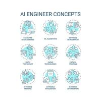 Set of 2D editable blue thin line icons representing AI engineer, isolated monochromatic vector, linear illustration. vector