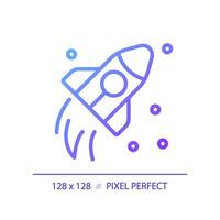 Space travel pixel perfect gradient linear vector icon. Cosmic journey. Rocket flying. Aerospace technology. Thin line color symbol. Modern style pictogram. Vector isolated outline drawing