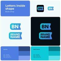 2D blue book shop logo with brand name. Blue icon. Design element and visual identity. Template with font. Suitable for book, literature, store, shopping, library. vector