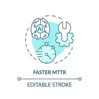 2D editable faster MTTR icon representing AI ops, isolated vector, blue thin line illustration. vector