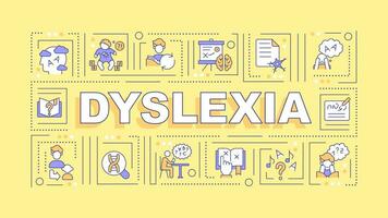 Dyslexia text with various thin line icons concept on yellow monochromatic background, editable 2D vector illustration.