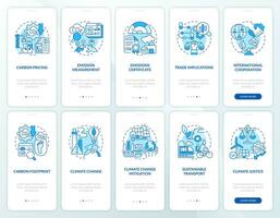 2D blue icons representing carbon border adjustment mobile app screen set. Walkthrough 5 steps graphic instructions with linear concepts, UI, UX, GUI template. vector