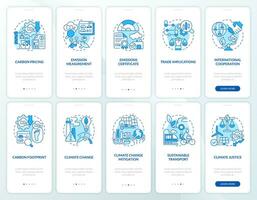 2d azul íconos representando carbón frontera ajustamiento móvil aplicación pantalla colocar. recorrido 5 5 pasos gráfico instrucciones con lineal conceptos, ui, ux, gui modelo. vector