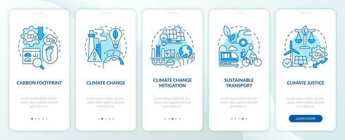 Blue linear icons representing carbon border adjustment mobile app screen set. 5 steps graphic instructions, UI, UX, GUI template. vector