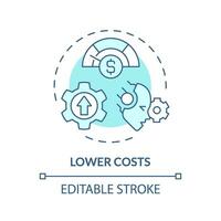 2D editable lower costs icon representing AI ops, isolated vector, blue thin line illustration. vector