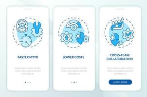 2D icons representing AI ops mobile app screen set. Walkthrough 3 steps blue graphic instructions with line icons concept, UI, UX, GUI template. vector