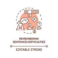 2D editable red icon remembering sentence difficulties concept, simple isolated vector, dyslexia thin line illustration. vector