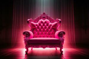 lujoso rosado silla con rosado Encendiendo y neón iluminación en un espacioso habitación. generativo ai foto
