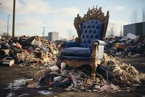 A throne chair on a pile of garbage in a landfill. Environment conservation concept, pollution concept. Generative AI photo