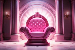 Luxurious pink chair with pink lighting and neon illumination in a spacious room. Generative AI photo