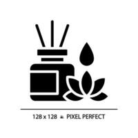 2D pixel perfect silhouette glyph style incense sticks and lotus icon, isolated vector, meditation illustration, solid pictogram. vector