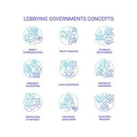 Gradient icons set representing lobbying government concepts, isolated vector, thin line colorful illustration. vector