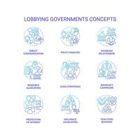 Gradient icons set representing lobbying government concepts, isolated vector, thin line colorful illustration. vector