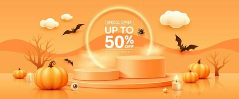 Happy Halloween, orange three overlapping podiums, candle and bat flying, trees, spider web and cloud banner design on orange background, Eps 10 vector illustration