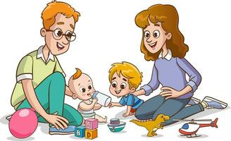 Mother and father playing with their baby. Vector illustration of a cartoon family.