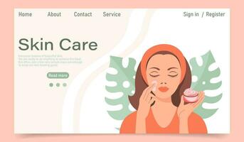 Facial skin care concept. Landing page template. A woman makes cosmetic spa procedures for her face. Eye patches, cosmetic masks, cream, massage. Illustration, vector