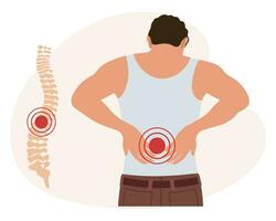 un hombre con dolor en el cervical y lumbar vértebras. espalda dolor, músculo dolor, osteoartritis, reumatoide artritis. medicamento. ilustración, vector