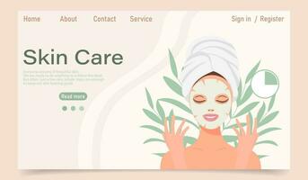 Facial skin care concept. Landing page template. A woman makes cosmetic spa procedures for her face. Eye patches, cosmetic masks, cream, massage. Illustration, vector