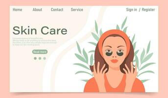 Facial skin care concept. Landing page template. A woman makes cosmetic spa procedures for her face. Eye patches, cosmetic masks, cream, massage. Illustration, vector