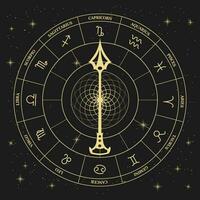 Clock with astrological zodiac signs in a mystical esoteric circle on a cosmic background. Gold and black design. Horoscope illustration, vector