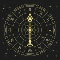 Clock with astrological zodiac signs in a mystical esoteric circle on a cosmic background. Gold and black design. Horoscope illustration, vector