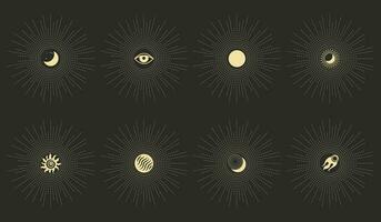 Set of astrological mystical esoteric symbols of the moon, sun, stars in boho style on a dark background. Print, design elements. Vector
