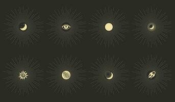 Set of astrological mystical esoteric symbols of the moon, sun, stars in boho style on a dark background. Print, design elements. Vector