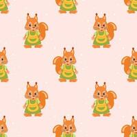 Seamless pattern, cute cartoon squirrel character wearing a housewife apron. Children's print, background, textile. Vector