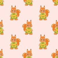 Seamless pattern, cute cartoon squirrel character wearing a housewife apron. Children's print, background, textile. Vector