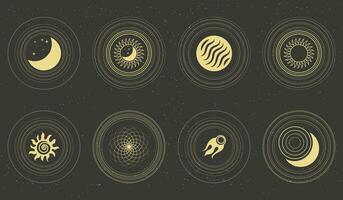 Set of astrological mystical esoteric symbols of the moon, sun, stars in boho style on a dark background. Print, design elements. Vector