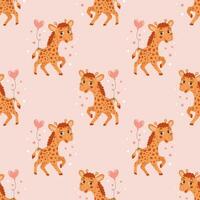 Seamless pattern, cute cartoon little giraffe with balloon and hearts. Children's print, background, textile. Vector