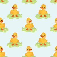 Seamless pattern, cute cartoon little duckling, goose character in the meadow. Children's print, background, textile. Vector